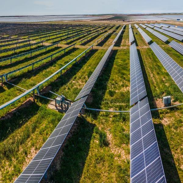 Massive array of solar panels on a tracker system extending across a field of tall grass, illustrating the technology used in a utility-scale solar power plant development.