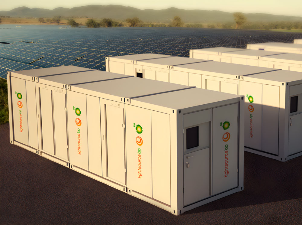 mock up graphic of Lightsource bp battery energy storage systems, solar panels in the background