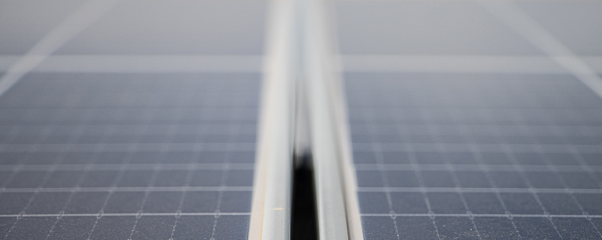 Close-up of two solar panels at a Lightsource bp solar project, showing the grid pattern and metal frame with a shallow depth of field.
