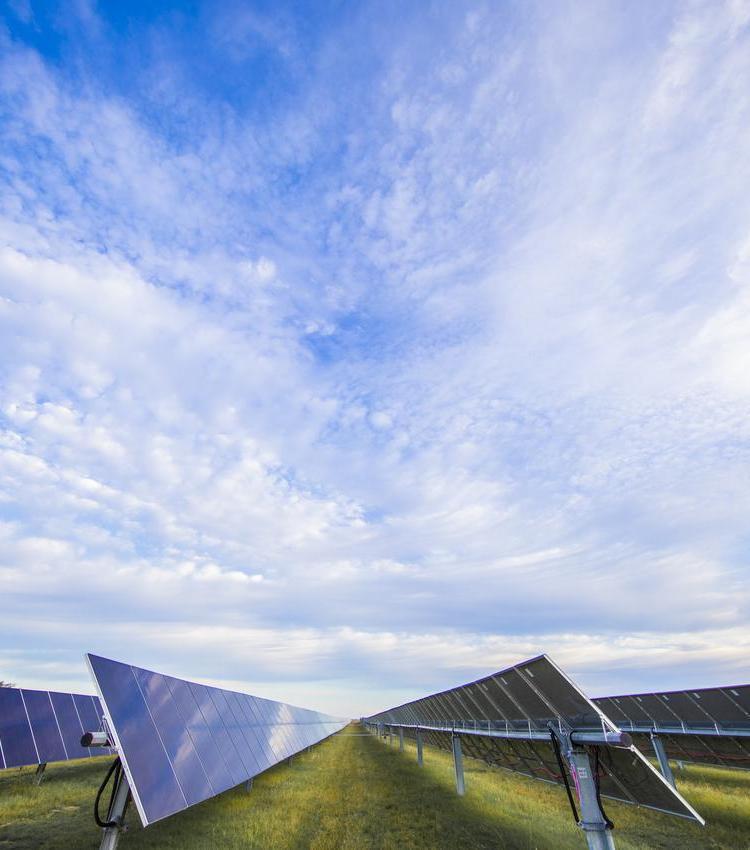 Long rows of solar panels extending into the distance under a sky filled with scattered clouds.