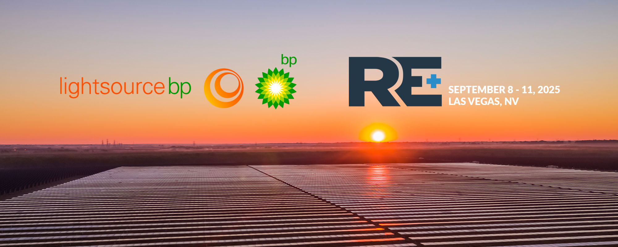 Lightsource bp and RE+ logos against an aerial shot of a solar farm at sunset