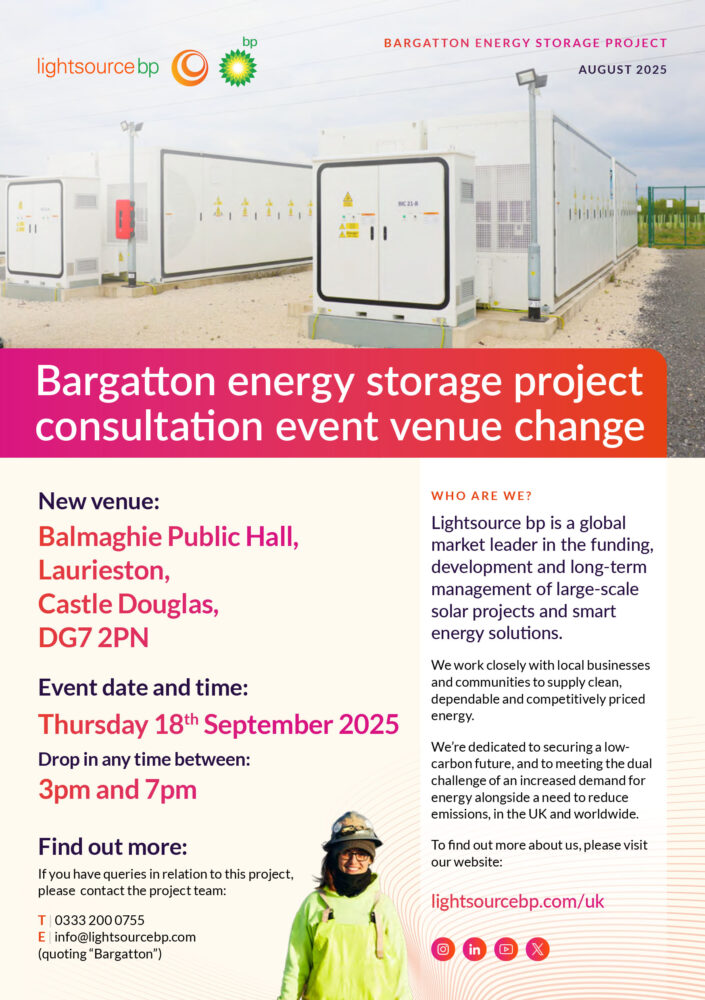Community consultation notice from Lightsource bp UK Projects for the Bargatton Energy Storage Project. The flyer announces a venue change to Balmaghie Public Hall in Laurieston (DG7 2PN), with drop-in hours from 3–7pm on Thursday 18th September 2025. It includes contact details, company background as a global leader in large-scale solar and smart energy, and a photo of a smiling team member in safety gear, reflecting transparent, community-focused engagement.