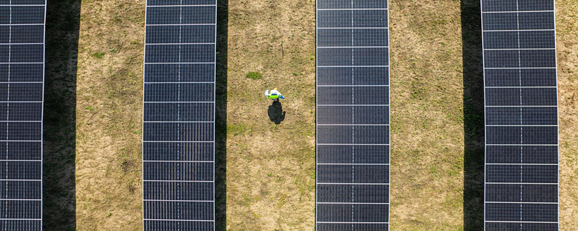 A worker walks between the solar panels on a solar farm.