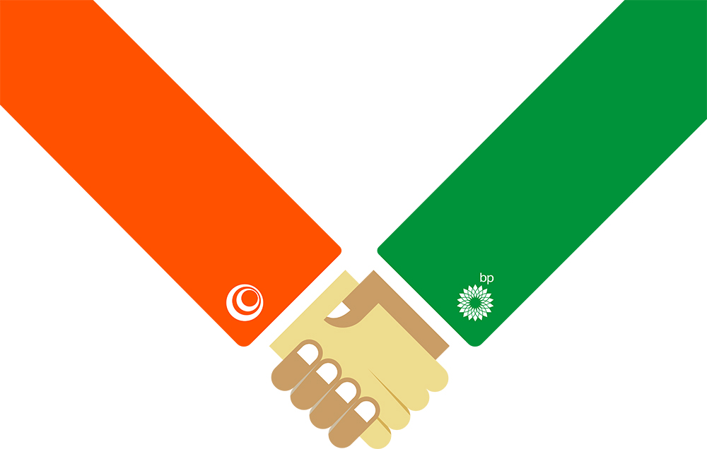 Illustration of two hands shaking, one arm in orange with the Lightsource logo, and the other arm in green with the bp logo, symbolising partnership and collaboration.
